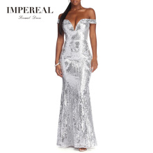 Off Shoulder Sliver Sequin White Mermaid Free Sex Prom Dress Women Formal